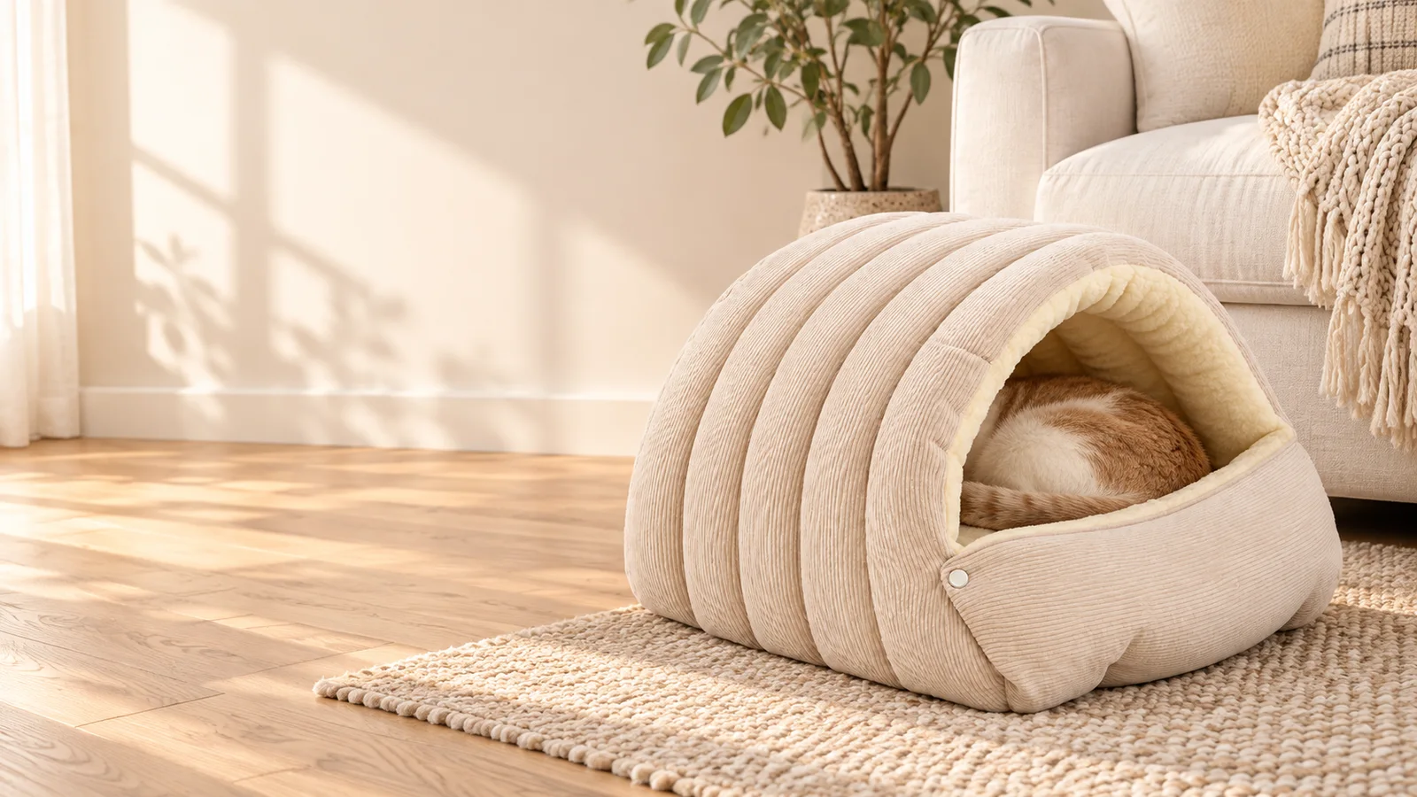 Cream ribbed cat cave in a softly lit home, with a sleeping cat tucked inside