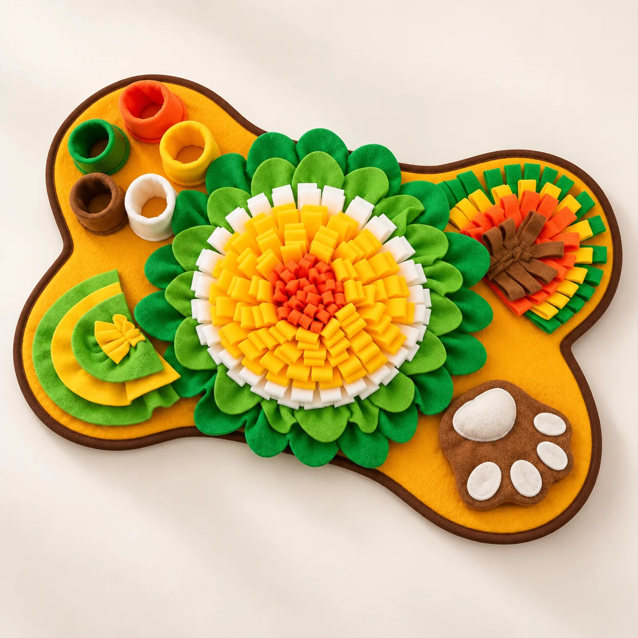Golden activity mat with colorful fabric pockets